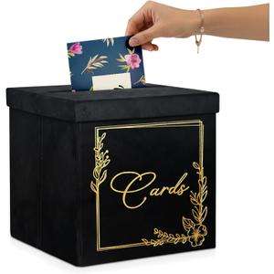 Wedding Card Box - 9" x 9" Black Collapsible Velvet - Covered Design - Cards Box for Wedding Receptions, Birthdays Party, Bridal & Baby Showers, Graduations, Anniversaries - Holding upto 150 Cards