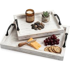 Rustic Serving Tray with Handles - 2 Nesting Trays for Serving Food - Wooden Tray for Decor, Coffee Table & Ottoman - Large Serving Tray with Distressed White Finish to Complement Any Decor