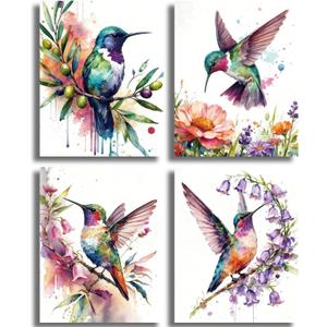 NIIORE 4 Piece Watercolor Hummingbird Wall Art Set, Boho Floral Bird Nature Canvas Prints Posters for Living Room Bedroom Bathroom Home Decor, 8x10 Inch Unframed