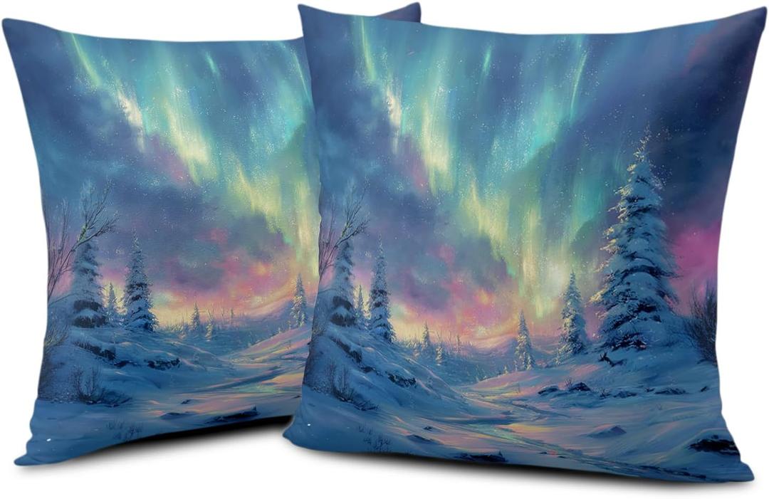 Winter Pillow Covers 18x18 Set of 2 Aurora Borealis Pillowcase Colorful Northern Lights Throw Pillow Covers Snowy Pine Forest Cushion Case for Living Room Couch Sofa