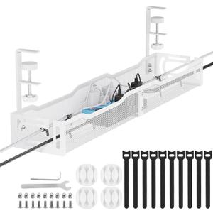 Cable Management, 25'' Cable Management Under Desk No Drill, Metal Cord Organizer with Clamp for Standing Desk, Cable Organizer for Home Office, White