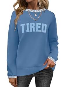 AKEWEI Womens Tunic Tops Long Sleeve Crew Neck Sweatshirts Striped Pullover Fall Trendy Soft Clothes 2025 Letter Print, L