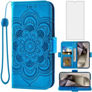 Asuwish Phone Case for Samsung Galaxy S24 Ultra 5G Wallet Cover with Tempered Glass Screen Protector and Leather Flip Credit Card Holder Stand Cell Accessories S24Ultra 24S S 24 24Ultra Women Men Blue