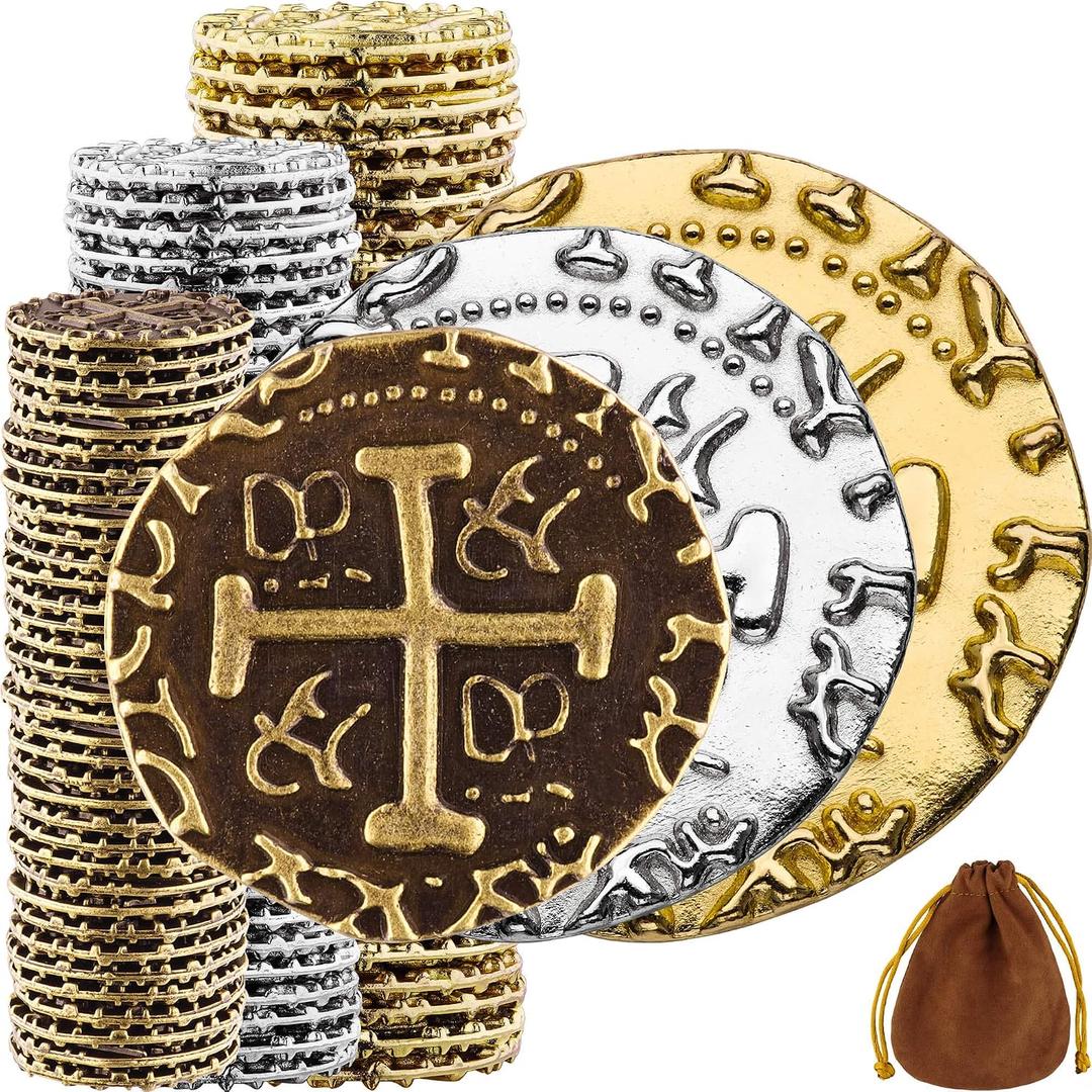 Large Pirate Coins - 102 Bronze, Silver & Gold Treasure Coin Set - Metal Replica Spanish Doubloons for Pirate Party Decorations & Favors, Tokens, Cosplay - Pirate Treasure Chest - Mixed Sizes
