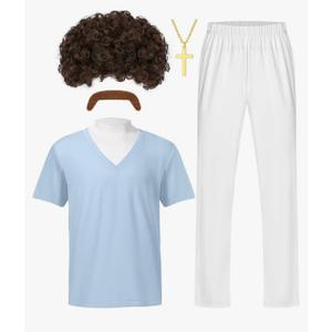 No Brand 5Pcs Halloween Wrestler Costume Blue T-shirt Pants Wig Beard Necklace for Men Halloween Cosplay Party Dress Up L