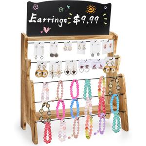 ZEAYEA Earring Display Stand for Selling, 5-Tier Wood Bracelet Necklace Display Holder with Advertising Board and 30 Hooks for Vendors, Jewelry Organizer Stand for Earring Cards, Rings, Keychain