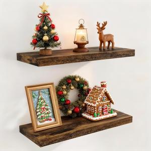 24 Inch Floating Shelves for Wall 2 Pack for Bedroom|Kitchen|Bathroom, Wall Mounted Rustic Wood Shelves, 9.3 Inch deep Floating Shelf with Invisible Brackets for Books|Storage|Decor,Rustic Brown