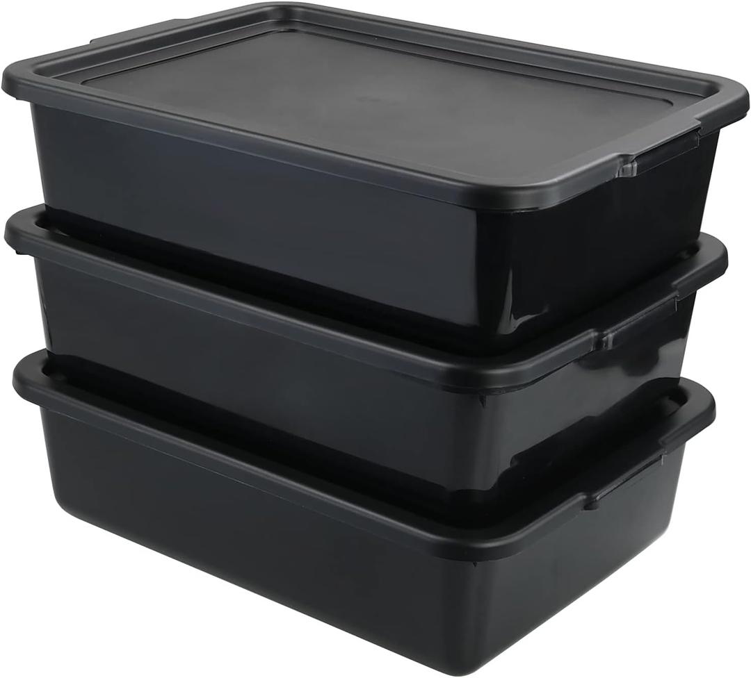Pack of 3 Food Service Bus/Utility Tote Box with Lid, Plastic Restaurant Dish Tub, 13 L, Black