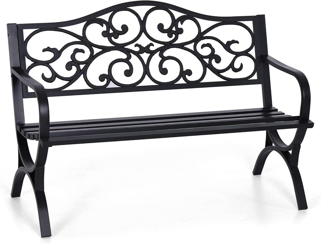 Sophia & William 50" Outdoor Garden Bench Patio Park Bench, Cast Iron Metal Frame Furniture with Floral Design Backrest for Porch Yard Lawn Deck, Black
