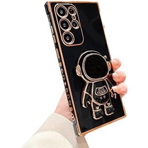phylla Compatible with Samsung Galaxy S23 Ultra 5g Luxury Plating Cartoon Astronaut Stand Holder Phone Case with Cute Heart Side Small Pattern Soft Silicone Shockproof Kickstand Bumper (Black)
