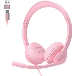 USB-C/USB-A Wired Headset with Noise Cancelling Microphone | On-Ear Office Headphones for PC/Laptop | Mute Button & All-Day Comfort for Call Center, Video Conferencing, Remote Work,Online Class-Pink