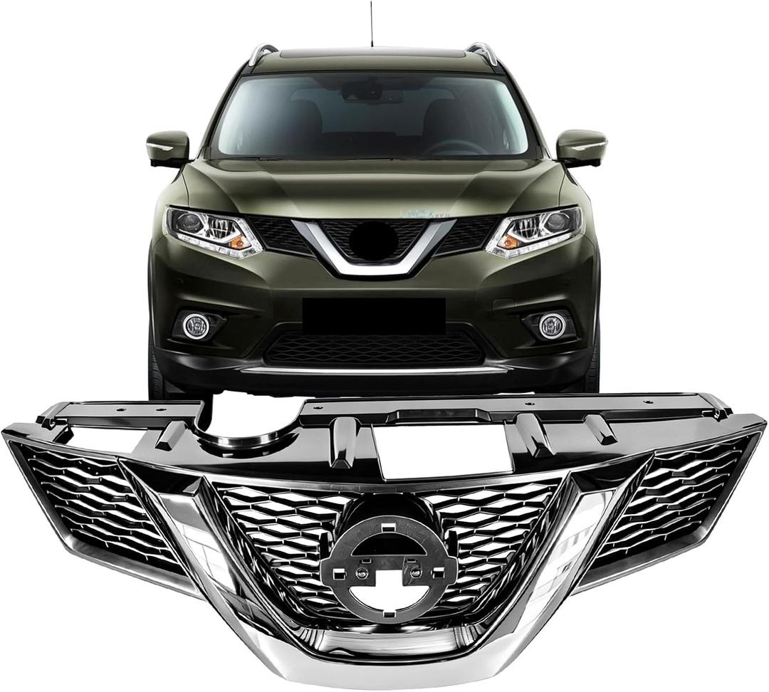 Front Bumper Upper Grille Compatible with 2014 2015 2016 Nissan Rogue Chrome & Black Honeycomb Mesh ABS Radiator Grill Replacement Part Grille