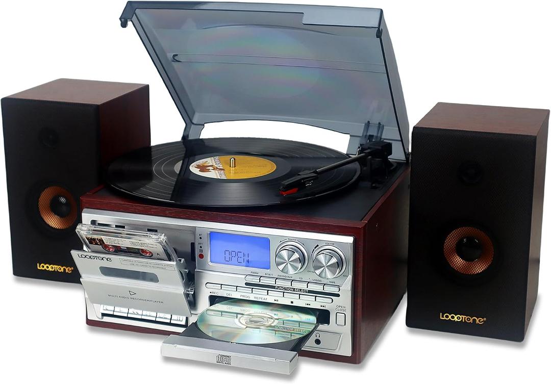 LoopTone Vinyl Record Player with Dual 15W External Speakers 10 in 1 3 Speed Bluetooth Vintage Turntable CD Cassette Player AM/FM Radio USB Recorder Aux-in RCA Line-Out (Silver)