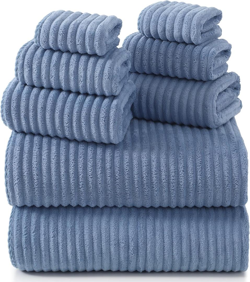 REDKISS Blue Bath Towels Set 8 Piece - Microfiber Bathroom Towels of 8 Large, Highly Absorbent Bath Towel, Soft Shower Towel for Bathroom, Hotel 2 Bath Sheet 2 Hand 2 Washcloths 2 Hair Towel Wrap