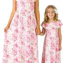 Mommy and Me Summer Off Shoulder Beach Maxi Dresses with Pocket for Mother’s Day, Easter, Family Photos Large, Flower-pink