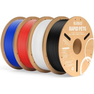 ELEGOO Rapid PETG Filament 1.75mm Bundle 4KG, High Speed 30-600mm/s 3D Printer Filament Accuracy +/- 0.02 mm, 1kg Cardboard Spool(2.2lbs), Fits for Most FDM 3D Printers(Black, White, Blue, Red)