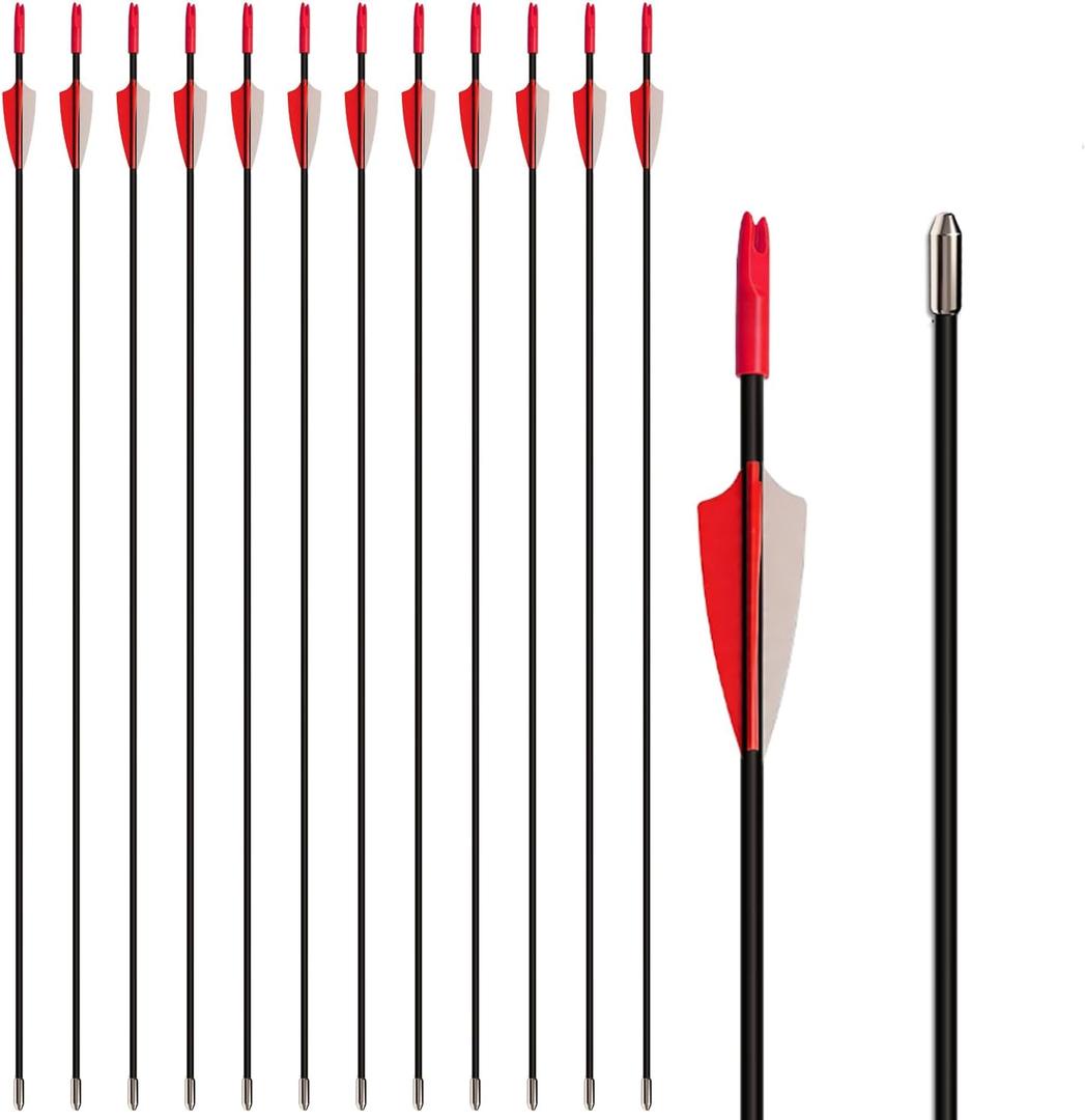 28 inch Target Arrows Practice Fiberglass Arrow for Kids Youth Beginner, Safety Blunt Tip Arrows for Archery Recurve Bow Long Bow -12 Pack