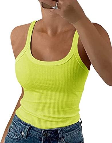 GEMBERA Women Spaghetti Strap Scoop Neck Ribbed Tank Tops Slim Fitted Cotton Camisole Basic Sleeveless Layering Shirts.S