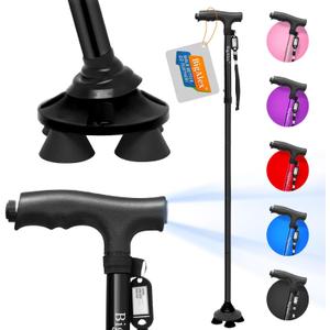 BigAlex Folding Walking Cane with LED Light,Pivoting Quad Base,Adjustable Walking Stick with Carrying Bag for Men/Women (Black(5'5"-6'3"))