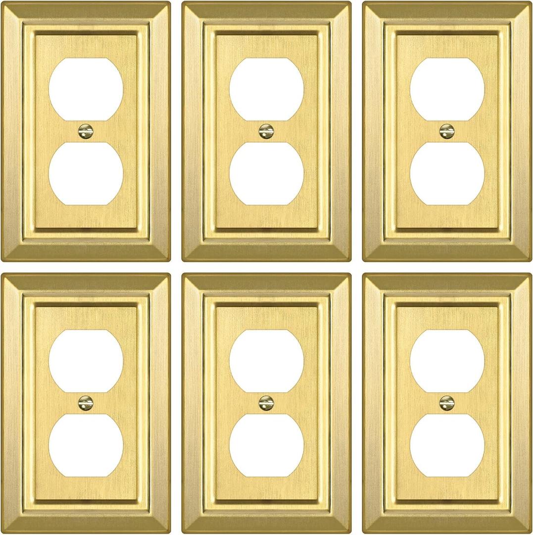 Metal Wall Plate for Electrical Outlets, Decorative Brass Gold Switch Plates Outlet Cover, Light Switch Cover Plate, 1-Gang Wall Plates (Duplex Outlet, 6 Pack)