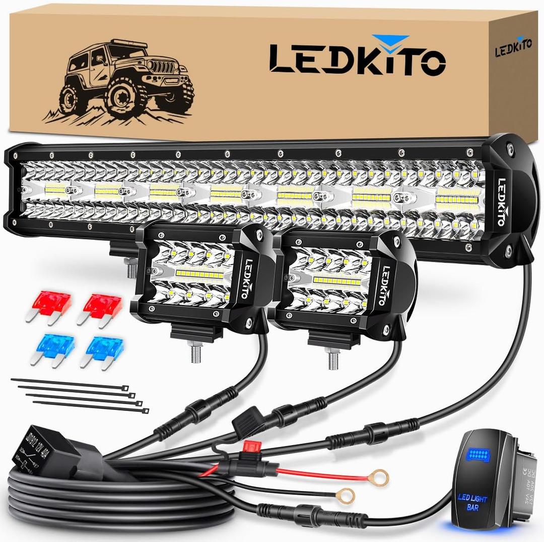 20 Inch LED Light Bar and 4 Inch LED Pods 2PCS Kit with 3 Leads Wiring Harness Rocker Switch Triple Row Off Road Light Bar Spot Flood Combo Work Light for Pickup UTV Truck Tractor Boat