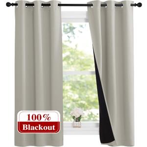 NICETOWN Natural 100% Blackout Lined Curtains, 1 Pair, 37" Width x 60" Length Each Panel, 2 Thick Layers Narrow Wide Window Treatment Panels Thermal Insulated Drapes for Kitchen Small Window