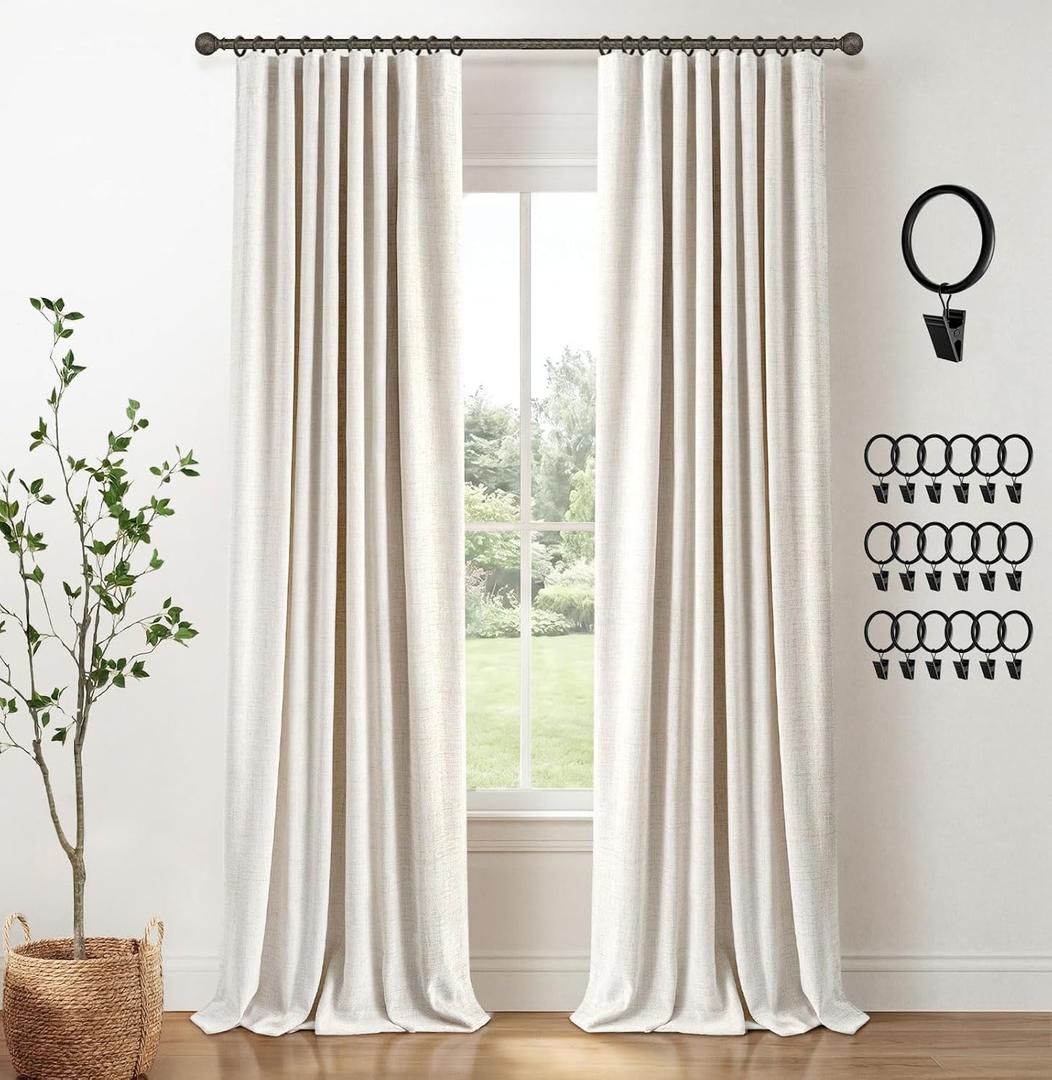 INOVADAY 100% Blackout Curtains for Bedroom, Black Out Curtains 84 Inch Long, Clip Rings Linen Blackout Drapes, Thermal Insulated Room Darkening for Living Room, 2 Panels  Beige,W50xL84