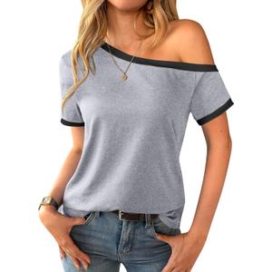 LilyCoco Women Short Sleeve Off The Shoulder Tops Asymmetrical Ringer Tee Shirts Grey X-Large (Gray, XL)