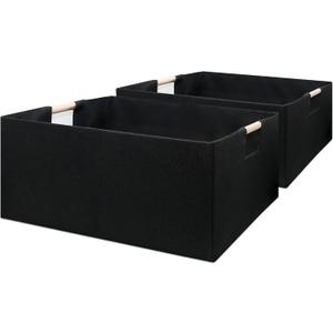 Foldable Fabric Storage Cubes, 2 Packs Cloth Storage Baskets with Wooden Handles, Collapsible Shelf Closet Organizer Bins, Rectangular Storage Boxes for Decor (Black)