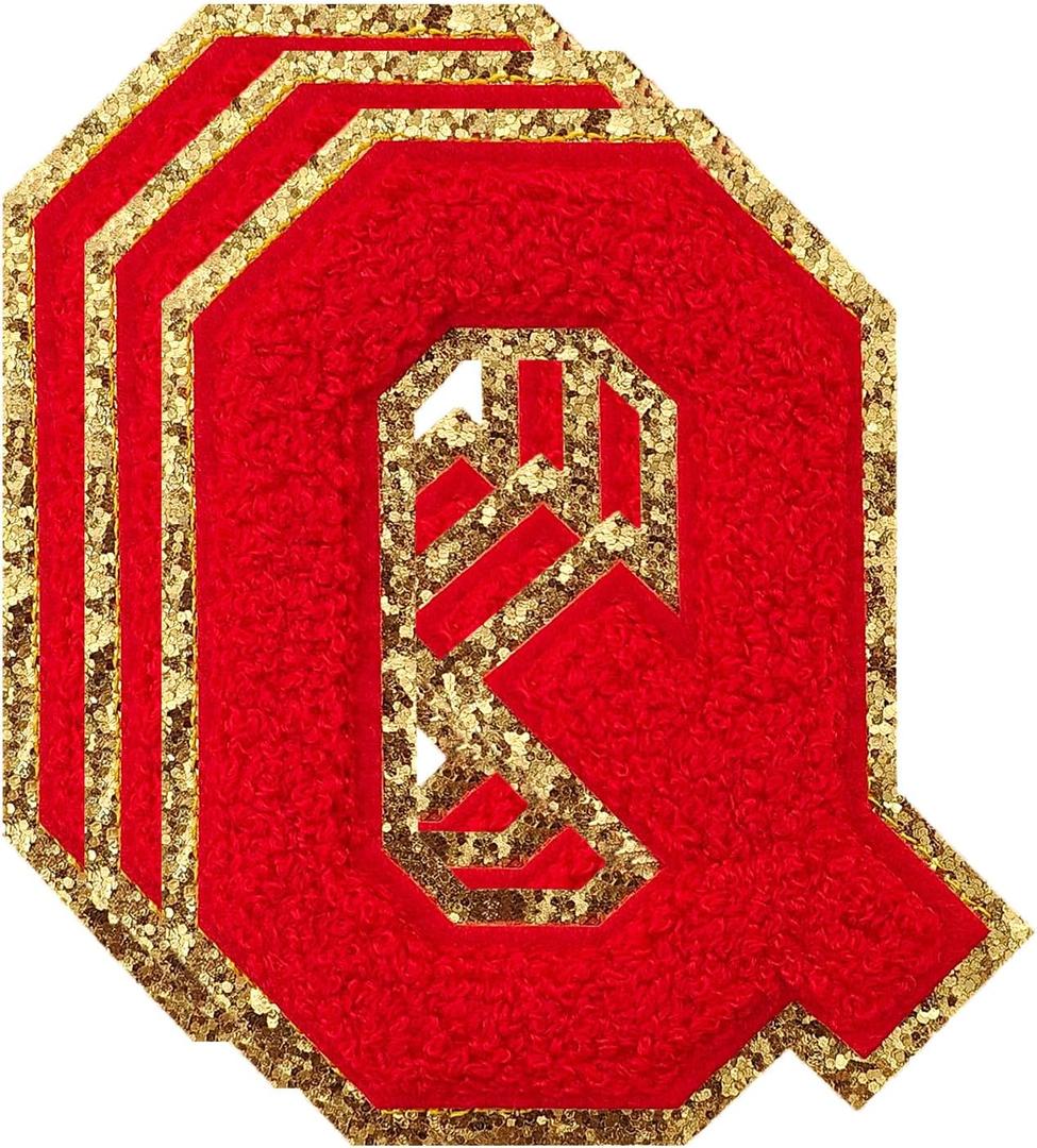 3PCS Red Chenille Letters Patch, Large Size 4-1/2" Iron on Letter Patches Varsity Glitter Patches for Clothing, Q (Red Gold Edge)