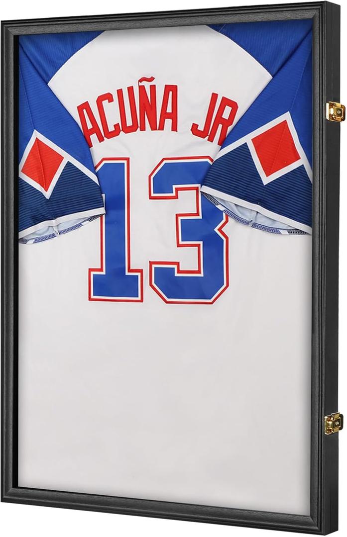 Jersey Frame Display Case - Wall Mount Sports Jersey Display - Lockable Flat Jersey Shadow Box with UV Protective Acrylic Door for Football, Hockey, Basketball, Baseball Sports Jersey - Black (Black Frame - Sticker Lining-1 Pack)
