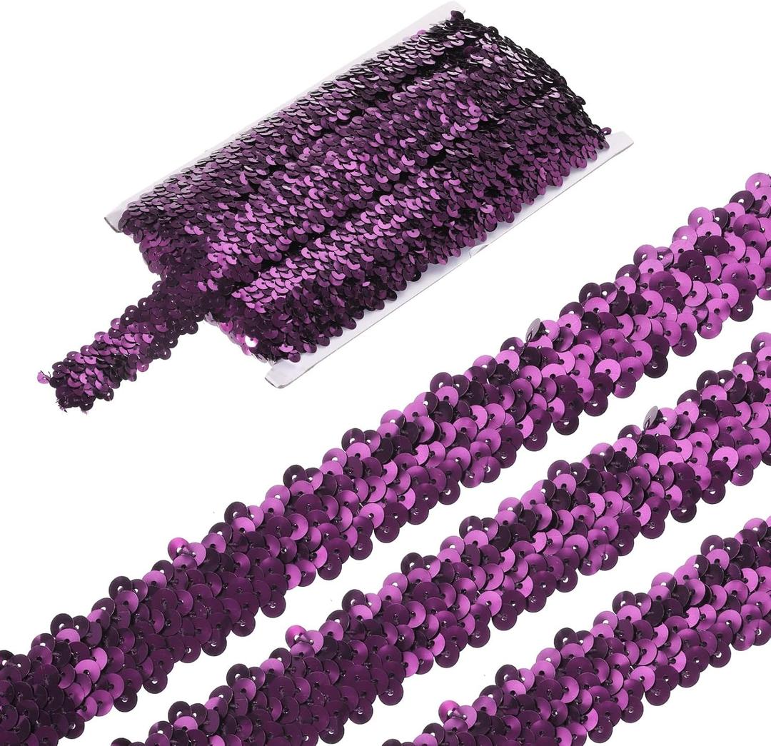 MECCANIXITY 5 Yards 1.2 Inch Elastic Sequins Trim 3 Row Flat Sequin Strip Paillette Fabric Ribbon for Crafts DIY Fringe Sewing Costume Dress, WineRed