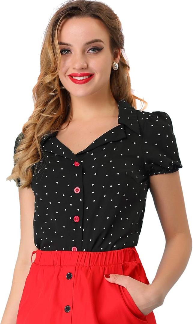 Allegra K Women's Polka Dots Short Sleeve Button Up Vintage 1950s Blouse Small Black