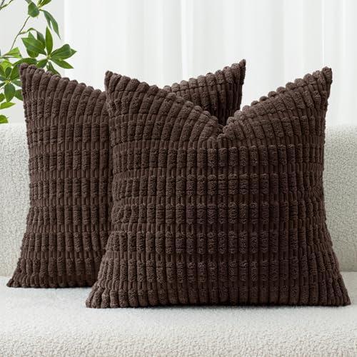 MIULEE Pack of 2 Corduroy Decorative Throw Pillow Covers 18x18 Inch Soft Boho Striped Pillow Covers Modern Farmhouse Home Decor for Sofa Living Room Couch Bed Dark Brown