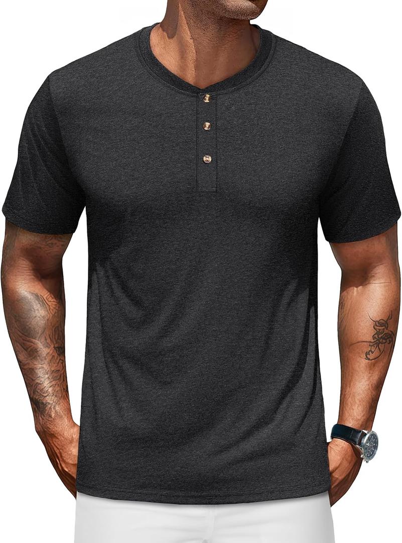 TACVASEN Men's Henley Shirts Short Sleeve Cotton Moisture Wicking T-Shirt Lightweight Casual 3 Button Tshirts (M)