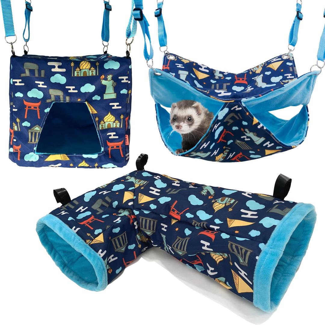 Ferret Hammock Set for cage Cage Accessories 3 Style,Ferret Double Hammock or Square House and Tunnel Bed for Guinea Pig Toy(Blue)