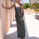 Women Sleeveless Spaghetti Strap Floral Maxi Dress Ruched Bodycon Beach Wedding Guest Backless Long Slip Dresses (Black, XS)