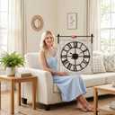 24 Inch Large Rustic Wall Clock, Farmhouse Square Wood Frame with Black Metal Barn Door Style Hanging Rod, Silent Non-Ticking Quartz Movement, for Living Room, Fireplace, or Dining Room