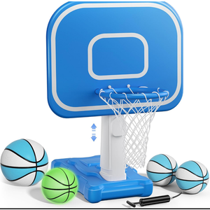 Pool Basketball Hoop, 33"x26"x50" Oversized Pool Toys with Adjustable Height Includes 4 Balls(Size 6, 2×Size 3, Glow)/ Nets/Pump for Poolside Water Basketball Game, Swimming Pool Games for Kids Adults