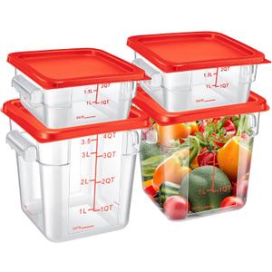 Barydat 4 Pcs Food Storage Container with Lids 2Qt and 4Qt Square Commercial Containers with Scales and Handles Polycarbonate Clear Food Storage for Kitchen Proof Dough Marinating Meat(Red)
