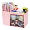 Meiikun Desk Organizer with Drawer, Pen Organizer for Desk, Small Pencil Holder, Desk Organizers and Accessories for Office Home Storage (2 Drawers+4 Compartments, Pink)