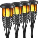 Solar Torch Light with Flickering Flame, 4 Pack Waterproof Bamboo Torches Hand-Woven Rattan Solar Tiki Torches for Outside Patio Yard Garden Lawn (Black-4 Pack)