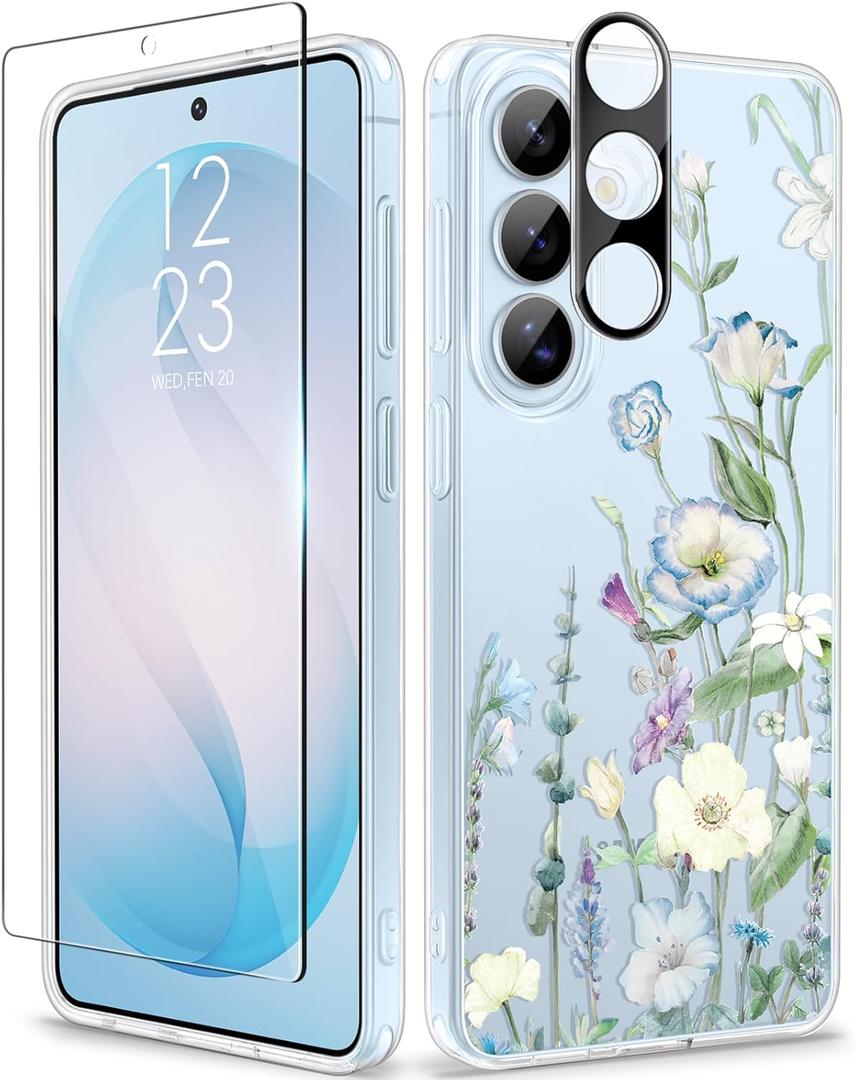 GVIEWIN for Samsung Galaxy S26 Plus Case, Clear Floral Slim Shockproof Protective Women Phone Case, Non-Yellowing, with Screen Protector&Camera Lens Protector for S26 Plus 6.7", Aquilegia/White