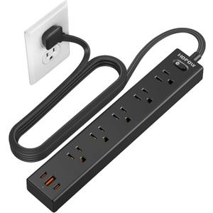 Flat Plug Power Strip, 6 Ft Ultra Thin Extension Cord, Surge Protector with 5 Outlets & 3 USB Ports (2 USB C), 1700 Joules, Wall Mount, Desktop Charging Station for Home Office Dorm, Black