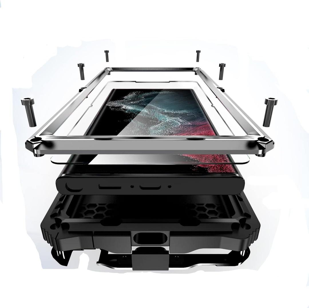 for Samsung Galaxy S22 Ultra case (6.8 Inch) Metal Hard 2022 Phone Case para Screw Built-in Screen Lens Protection Military Grade [Note The Fingerprints Don't Work] Silver