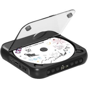 ENVYCLOUD CD Player Portable with Dual Stereo Speakers, Rechargeable Portable Player with Bluetooth for Home with Headphones, Support CD/AUX/USB,Black