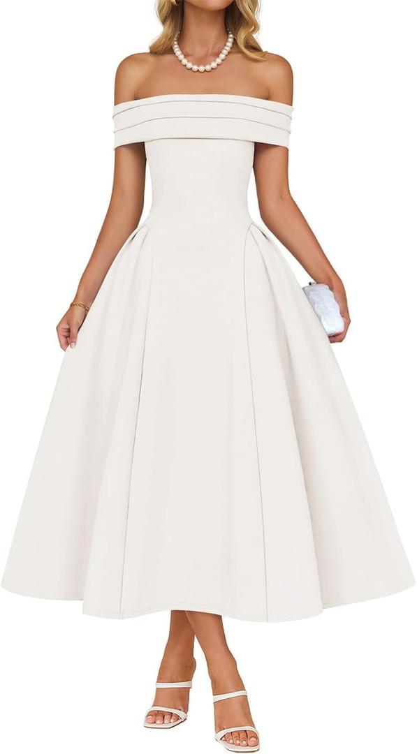 ZESICA Cocktail Dresses for Women's Elegant Off Shoulder Short Sleeve Swing A Line Wedding Evening Party Midi Dress (White, XL)