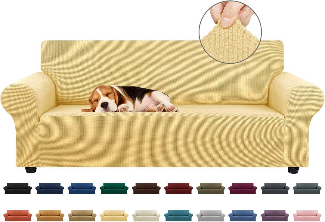 KEKUOU Stretch Sofa Cover Slipcover Couch Covers for 3 Cushion Couch Sofa pet Friendly (78"-94") Furniture Protector Sofa with Elastic Bottom for Kids,Dog, Jacquard Small Checked (Large,Champagne)