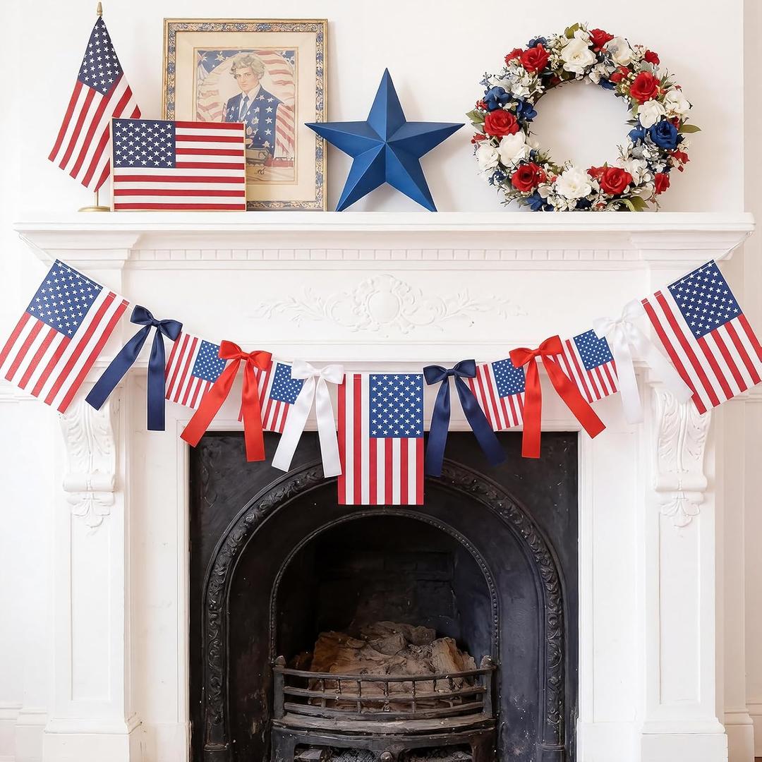 SmoothNovelty 4th of July Bow Garland 6ft 250th Anniversary Banner American Flag Patriotic Garland with Bow USA Flag Banner for 250th Independence Memorial Day Mantel Party Decor