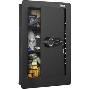 VEVOR 25.59" High Concealed Wall Safe, Keypad Access 3-Level Security Safe, Includes 3 Adjustable Shelves & 6 Hooks, Made of Durable Q235 Steel, Features LED Lighting & Alert System for Valuables (Black)